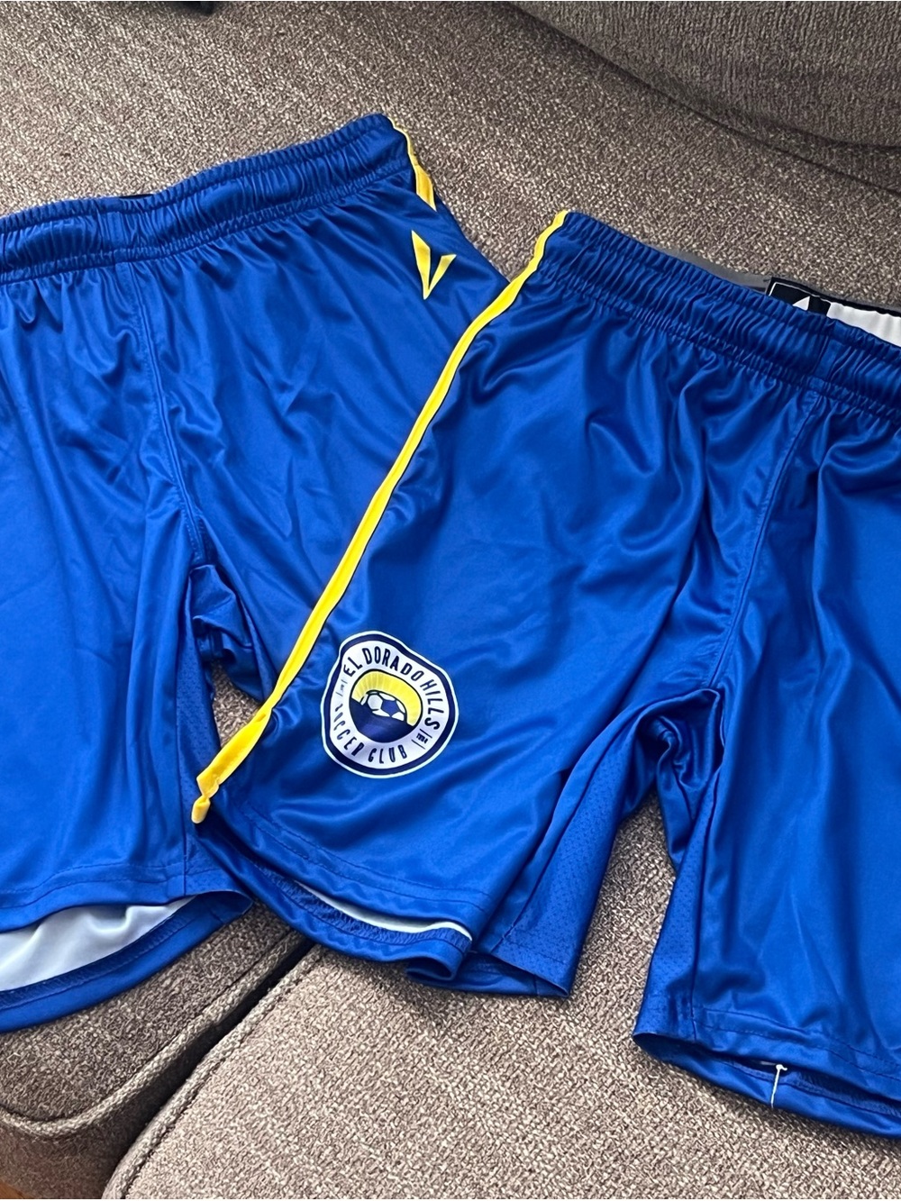 Blue Athletic Soccer Shorts with Yellow Trim